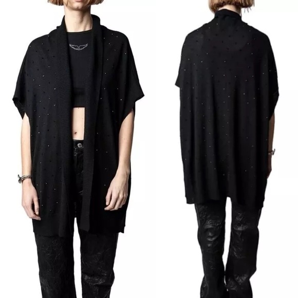 Zadig & Voltaire Indiany Rhinestoned Cashmere Cardigan Coat In Black Size M